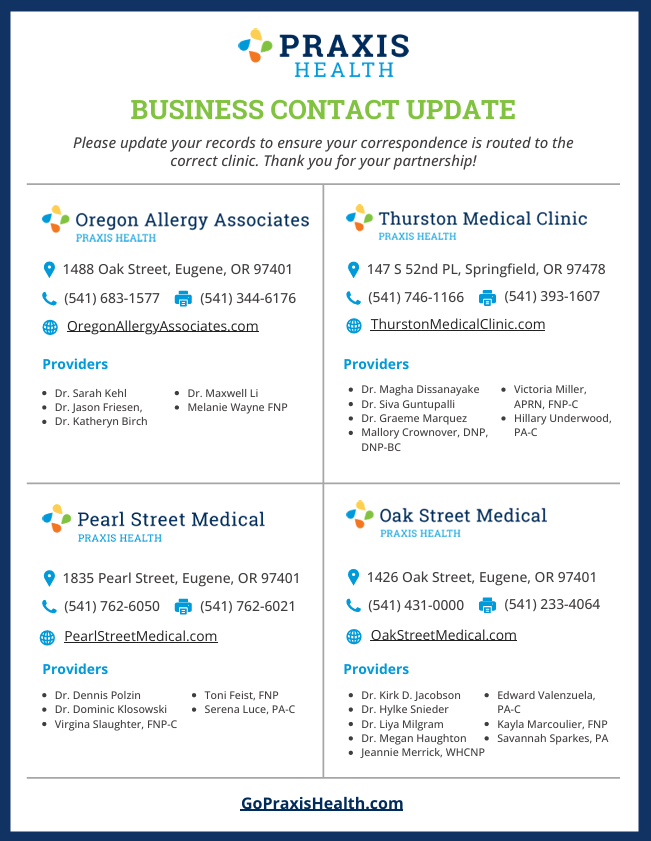 Praxis Health Business Contact Update flyer listing four clinics with addresses, phones, websites, and provider rosters: Oregon Allergy Associates, Thurston Medical Clinic, Pearl Street Medical, Oak Street Medical. | Oregon Allergy Associates