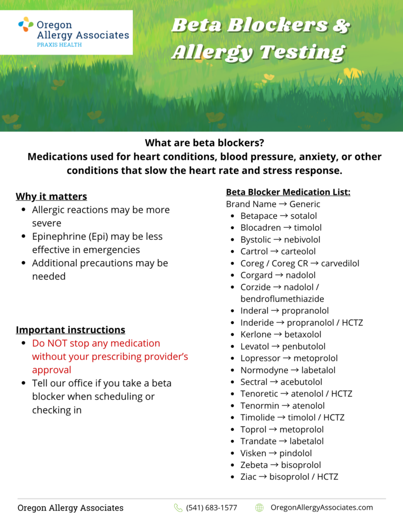 Oregon Allergy Associates banner with logo and the title 'Beta Blockers & Allergy Testing' on a grassy background; page explains beta blockers and allergy testing.&nbsp;| Oregon Allergy Associates