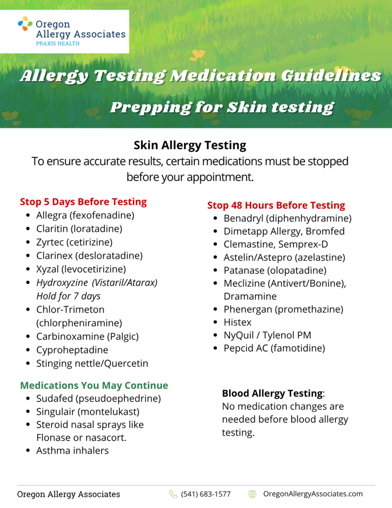 Oregon Allergy Associates banner with the title 'Allergy Testing Medication Guidelines – Prepping for Skin Testing' on a grassy green background, including logo in the top left.&nbsp;| Oregon Allergy Associates