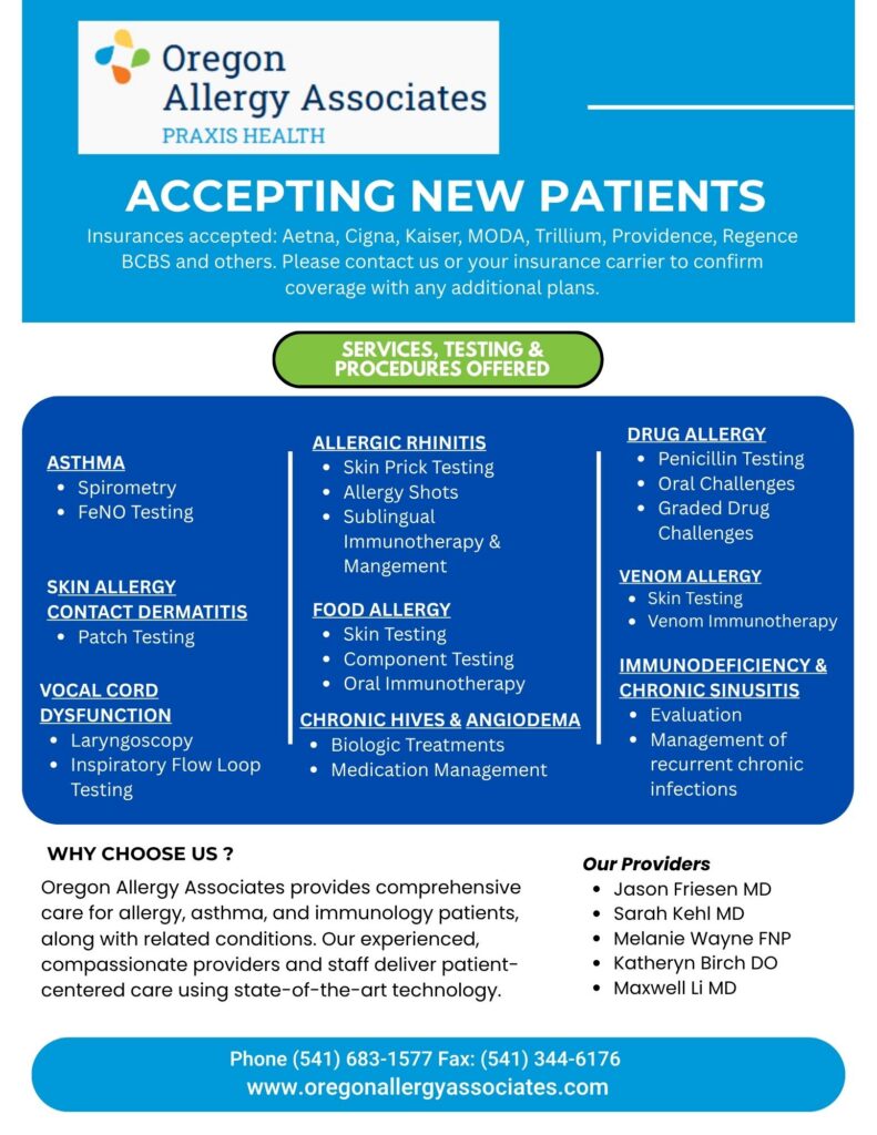 Oregon Allergy Associates infographic with logo,  | Oregon Allergy Associates'ACCEPTING NEW PATIENTS' title, a green rounded button reading 'SERVICES, TESTING & PROCEDURES OFFERED', and a blue three-column service grid below.