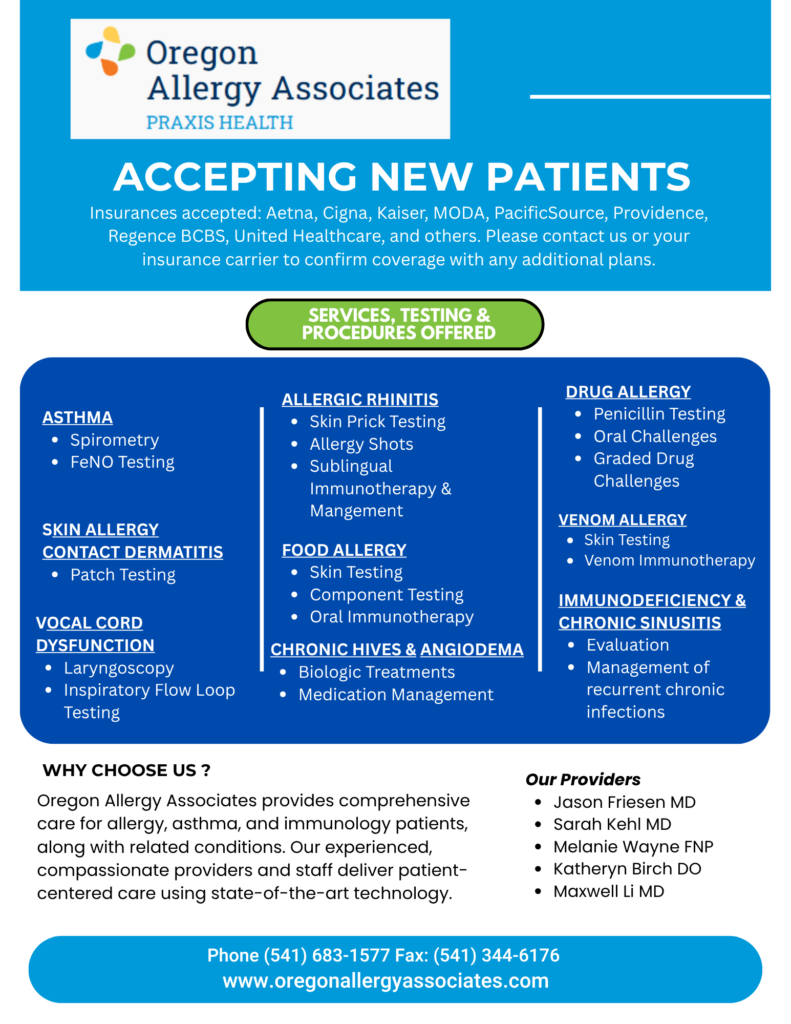 Oregon Allergy Associates infographic announcing new patients accepted and listing allergy and immunology services | Oregon Allergy Associates