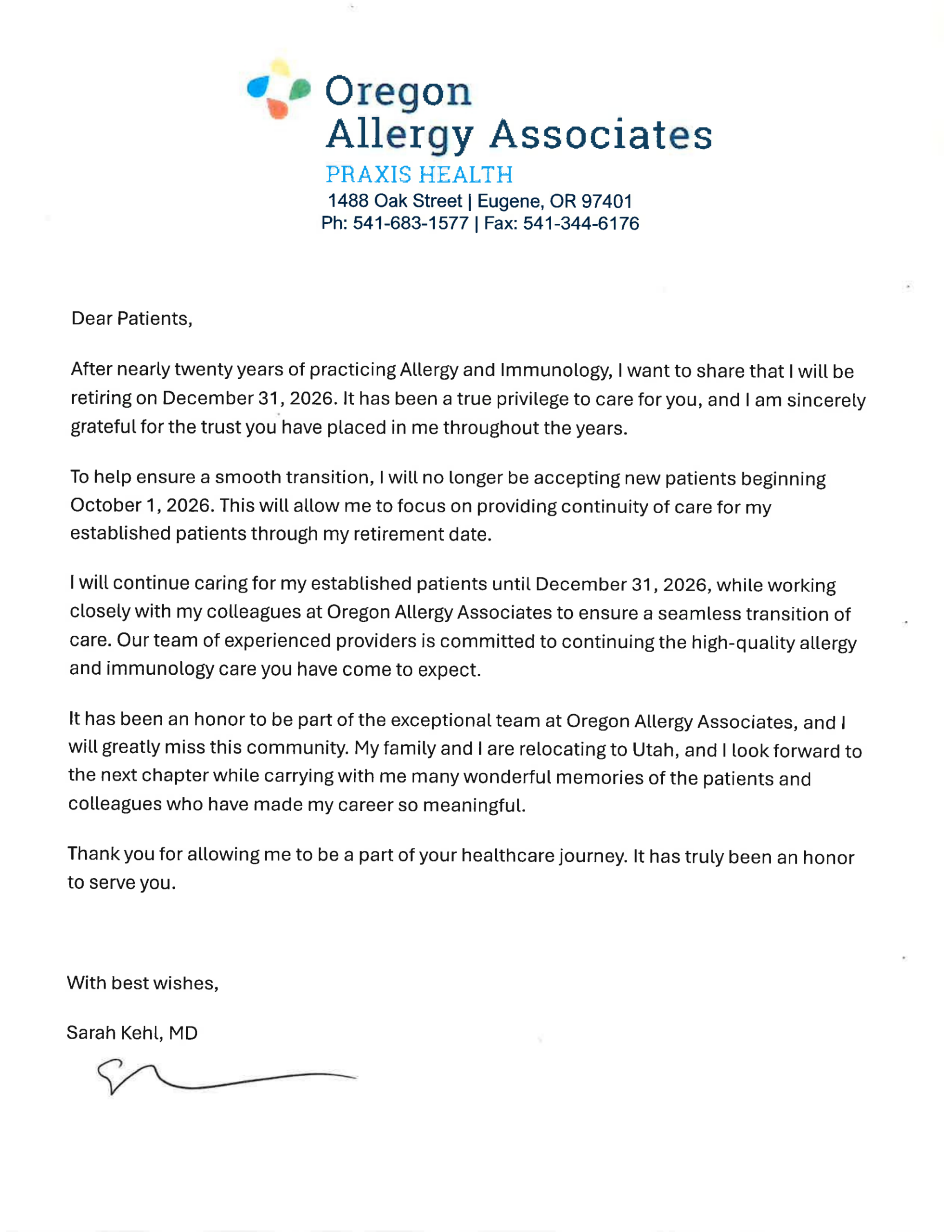 Letterhead from Oregon Allergy Associates (Praxis Health) with address and a retirement announcement to patients. | Oregon Allergy Associates